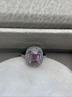 Silver Ring with Purple Cushion-Cut Center Stone and Halo